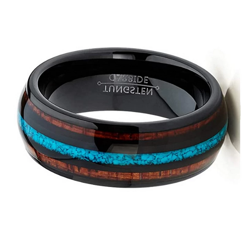 Popular 8mm High Polished Domed Black Tungsten Carbide Wedding Bands with Turquoise Shell and Wood Inlay China Manufacturer
