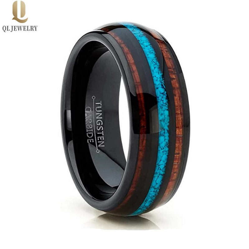 Popular 8mm High Polished Domed Black Tungsten Carbide Wedding Bands with Turquoise Shell and Wood Inlay China Manufacturer