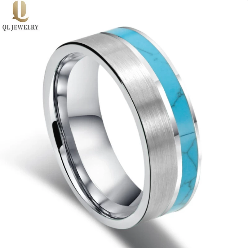 Hotsale Herren-Hochzeitsbänder 8mm satin gebürsteter flacher Wolfram-Hartmetallring mit türkisfarbenem Inlay China-Hersteller