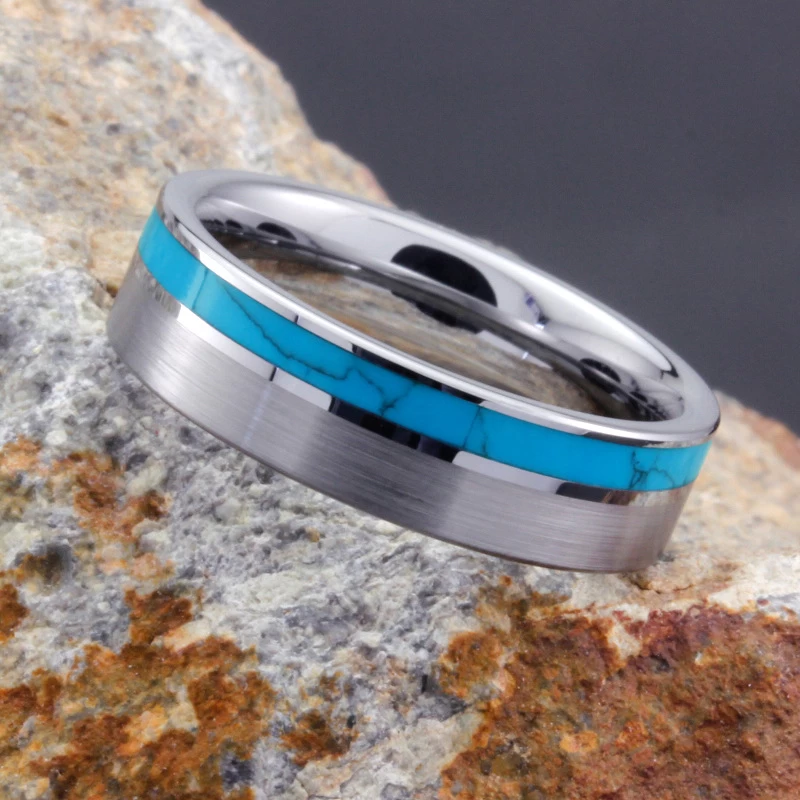 Hotsale Herren-Hochzeitsbänder 8mm satin gebürsteter flacher Wolfram-Hartmetallring mit türkisfarbenem Inlay China-Hersteller