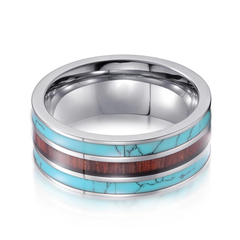 Beliebte 8mm hochpolierte flache Wolframkarbid-Hochzeitsbänder mit Türkis und Holz Inlay China Fabrik