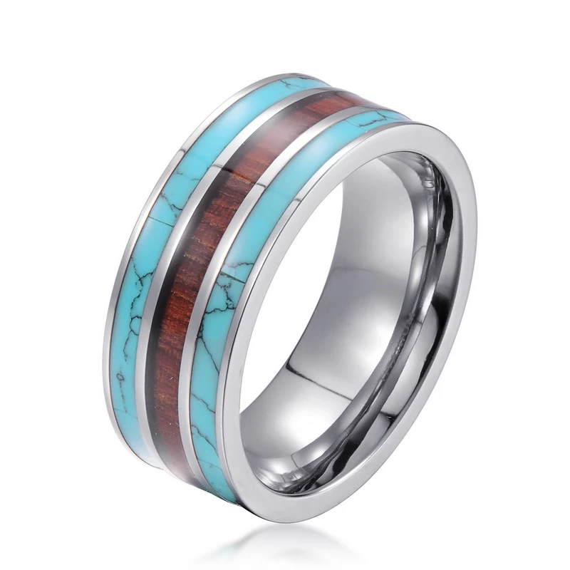 Beliebte 8mm hochpolierte flache Wolframkarbid-Hochzeitsbänder mit Türkis und Holz Inlay China Fabrik