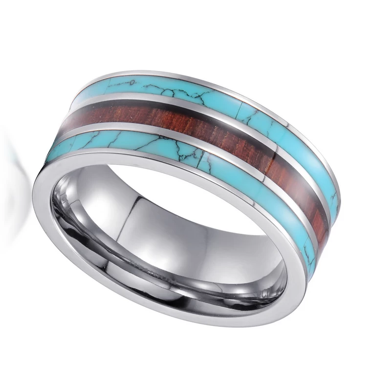 Beliebte 8mm hochpolierte flache Wolframkarbid-Hochzeitsbänder mit Türkis und Holz Inlay China Fabrik