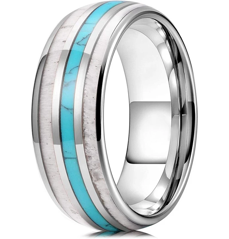 Amazing 8mm Bandes de mariage en carbure de tungstène en forme de tungstène en forme de tungstène en bois chaud et turquoise et en bois Inlay Fabricant