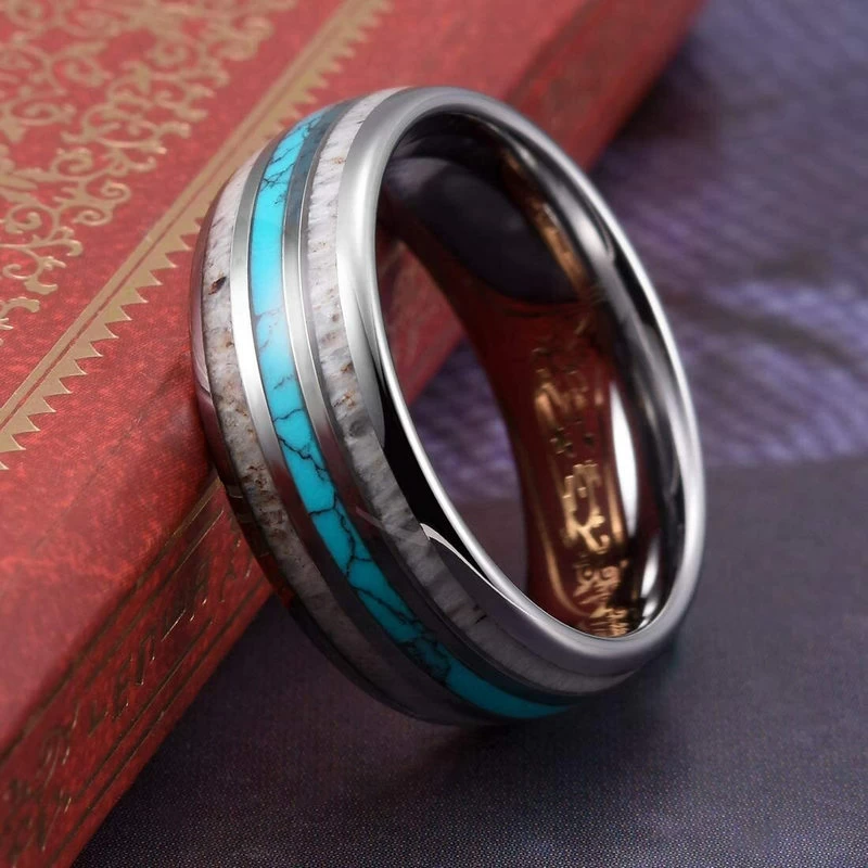 Amazing 8mm Bandes de mariage en carbure de tungstène en forme de tungstène en forme de tungstène en bois chaud et turquoise et en bois Inlay Fabricant