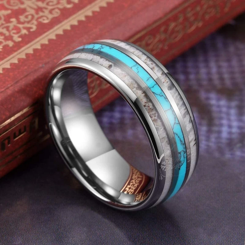 Amazing 8mm Bandes de mariage en carbure de tungstène en forme de tungstène en forme de tungstène en bois chaud et turquoise et en bois Inlay Fabricant