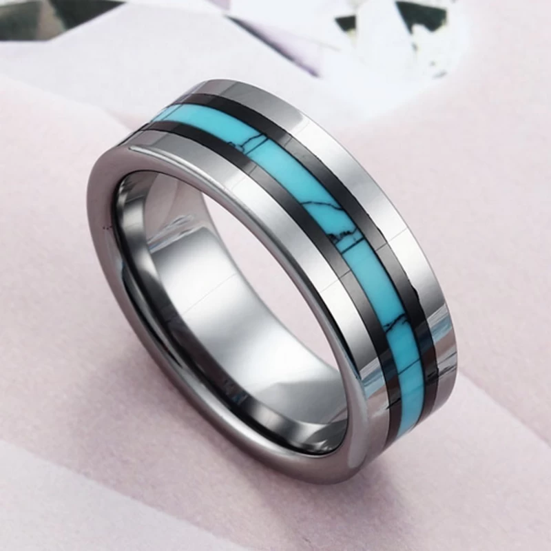 Anello in carburo di tungsteno piatto da uomo incredibile da uomo 8mm con turchese e in ceramica in ceramica in ceramica produttore