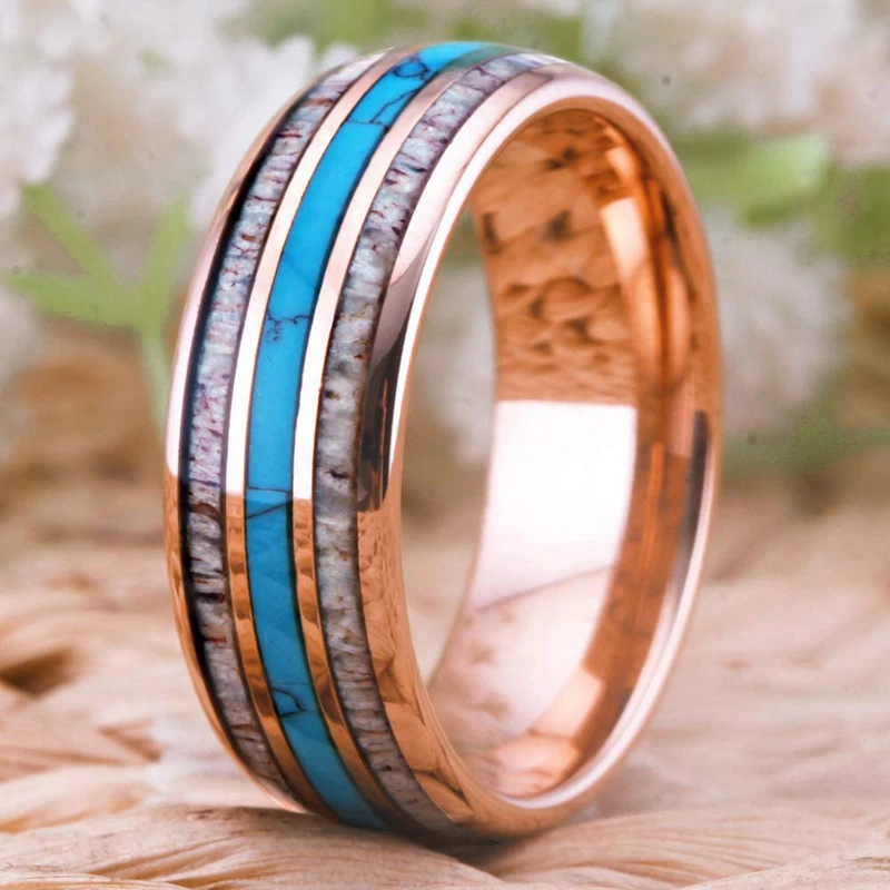 Incredibile 8mm ad 8 mm ad alta lucidato oro dominato tungsteno bordi di nozze in carburo con antler e turchese inlay produttore di porcellana