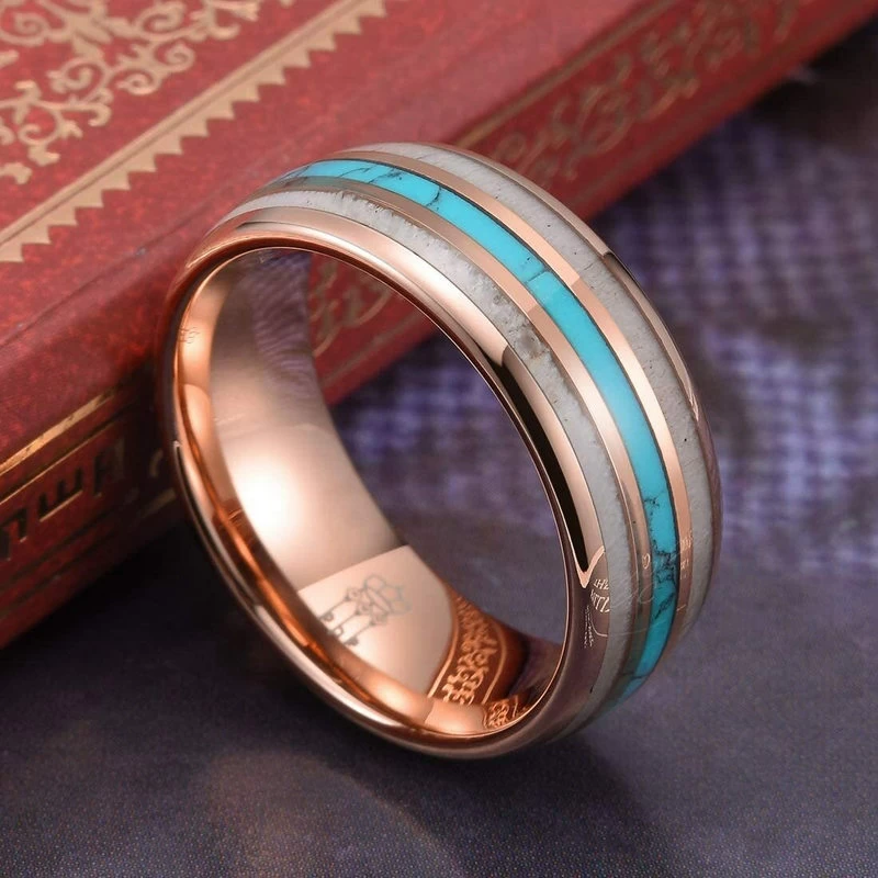 Incredibile 8mm ad 8 mm ad alta lucidato oro dominato tungsteno bordi di nozze in carburo con antler e turchese inlay produttore di porcellana