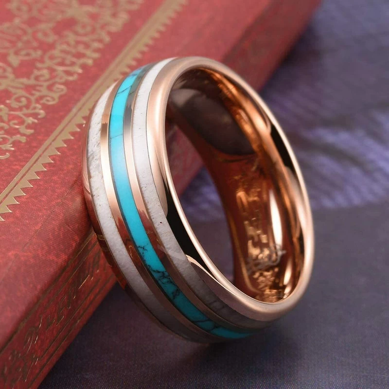 Incredibile 8mm ad 8 mm ad alta lucidato oro dominato tungsteno bordi di nozze in carburo con antler e turchese inlay produttore di porcellana