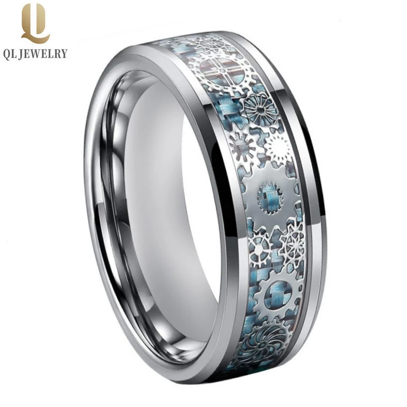 Anello di carburo di tungsteno di nozze da uomo nuovo stile con ingranaggio meccanico e inledina in fibra di carbonio blu inlay fabbrica