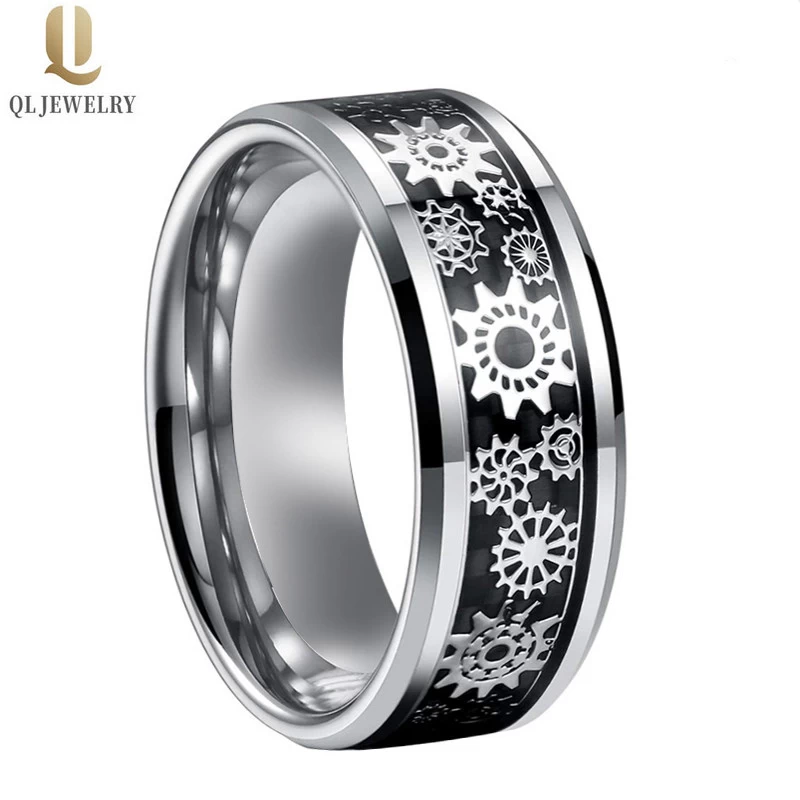 Bagues de mariée en gros pour hommes Bague en carbure de tungstène avec équipement mécanique et inlay de fibre de carbone noir Fabricant