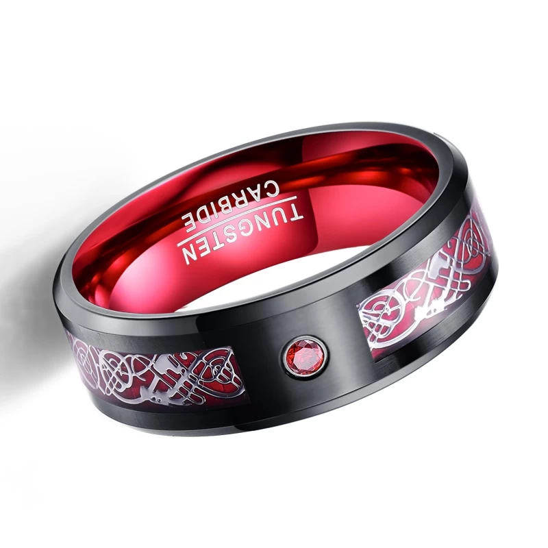 Amazing Men\'s Wedding Bands 8mm Satin Brushed Black Tungsten Carbide Ring with Celtic Ring Red Carbon Fiber and Red CZ Stone inlay and Alluminum Red innerband China Manufacturer