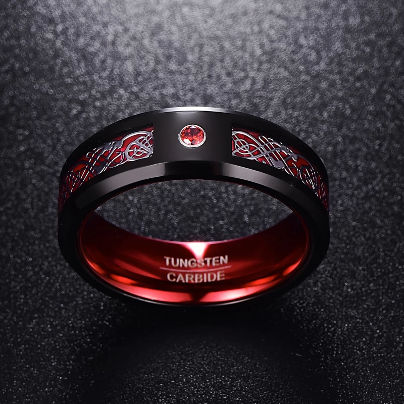 Amazing Men\'s Wedding Bands 8mm Satin Brushed Black Tungsten Carbide Ring with Celtic Ring Red Carbon Fiber and Red CZ Stone inlay and Alluminum Red innerband China Manufacturer