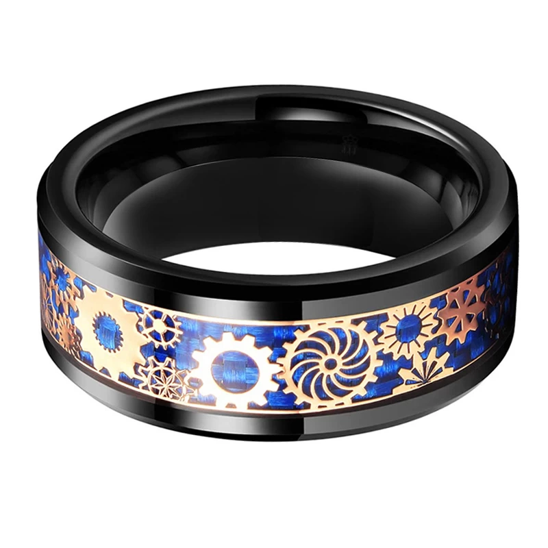 NOUVEAU Style Hommes Bandes de mariée Noir Bague en carbure de tungstène avec engrenages mécaniques en or rose et en fibre de carbone bleue Chine usine