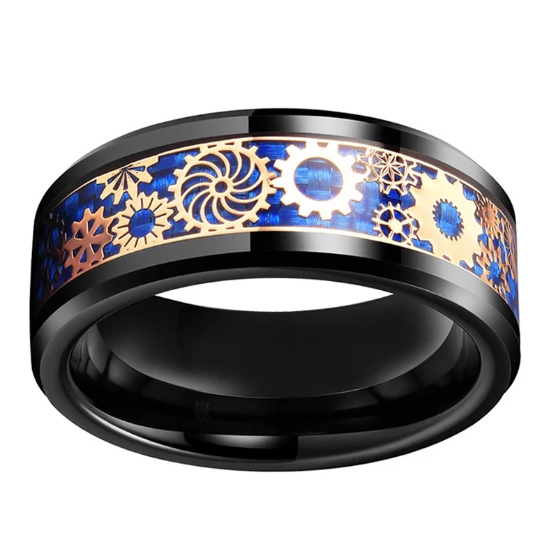 NOUVEAU Style Hommes Bandes de mariée Noir Bague en carbure de tungstène avec engrenages mécaniques en or rose et en fibre de carbone bleue Chine usine