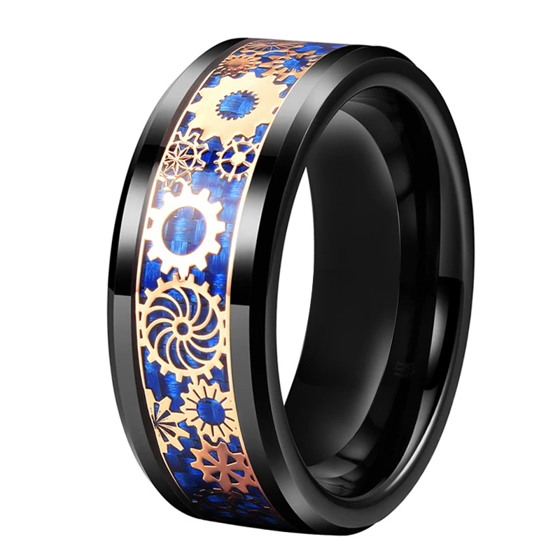 NOUVEAU Style Hommes Bandes de mariée Noir Bague en carbure de tungstène avec engrenages mécaniques en or rose et en fibre de carbone bleue Chine usine