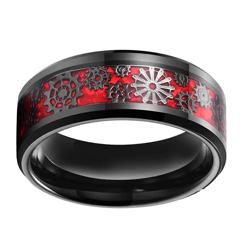 Anello di carburo di tungsteno nero da uomo nuovo stile uomo con ingranaggio meccanico e fibra di carbonio rosso inlay cina fabbrica