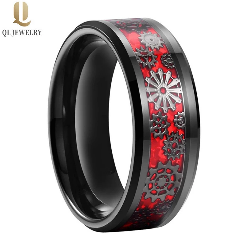 Anello di carburo di tungsteno nero da uomo nuovo stile uomo con ingranaggio meccanico e fibra di carbonio rosso inlay cina fabbrica