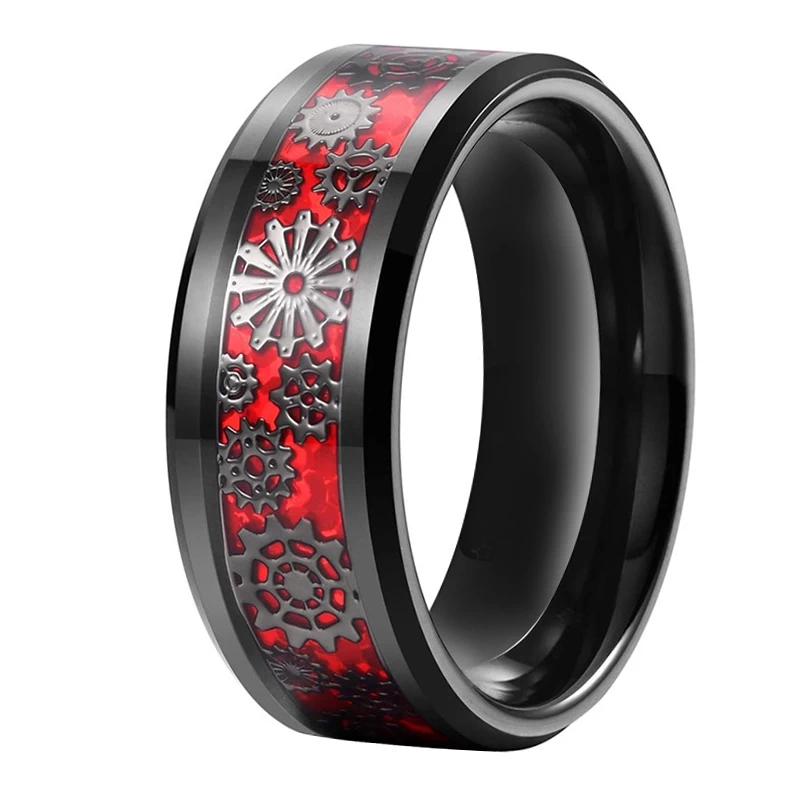 Anello di carburo di tungsteno nero da uomo nuovo stile uomo con ingranaggio meccanico e fibra di carbonio rosso inlay cina fabbrica