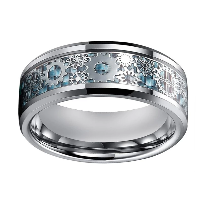 Anello di carburo di tungsteno di nozze da uomo nuovo stile con ingranaggio meccanico e inledina in fibra di carbonio blu inlay fabbrica
