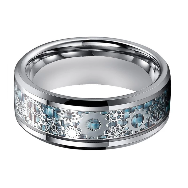 Anello di carburo di tungsteno di nozze da uomo nuovo stile con ingranaggio meccanico e inledina in fibra di carbonio blu inlay fabbrica