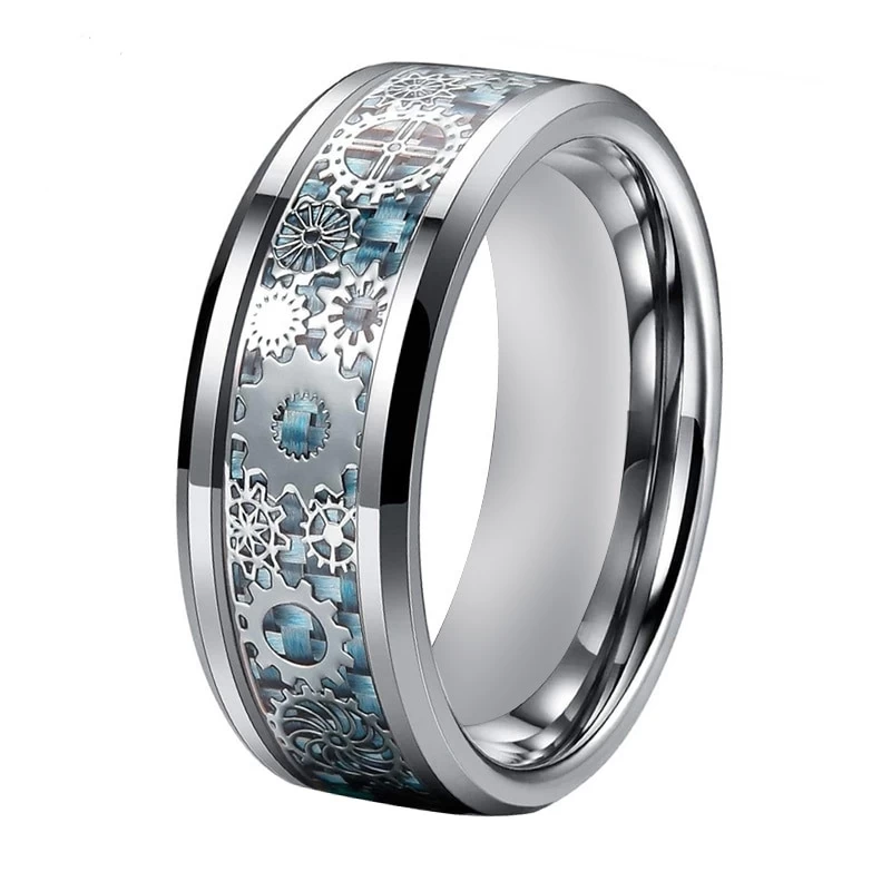 Anello di carburo di tungsteno di nozze da uomo nuovo stile con ingranaggio meccanico e inledina in fibra di carbonio blu inlay fabbrica