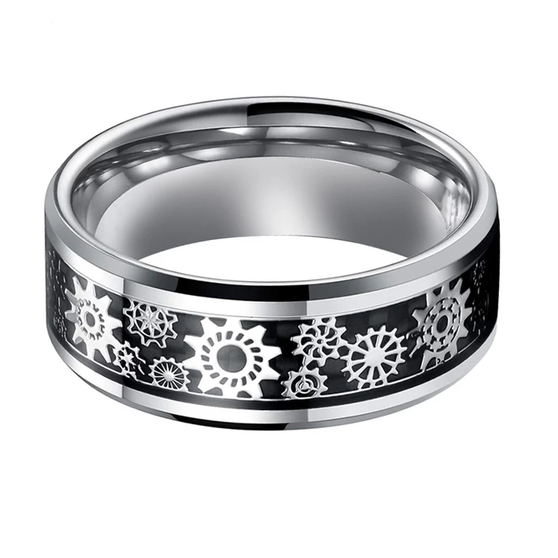 Bagues de mariée en gros pour hommes Bague en carbure de tungstène avec équipement mécanique et inlay de fibre de carbone noir Fabricant