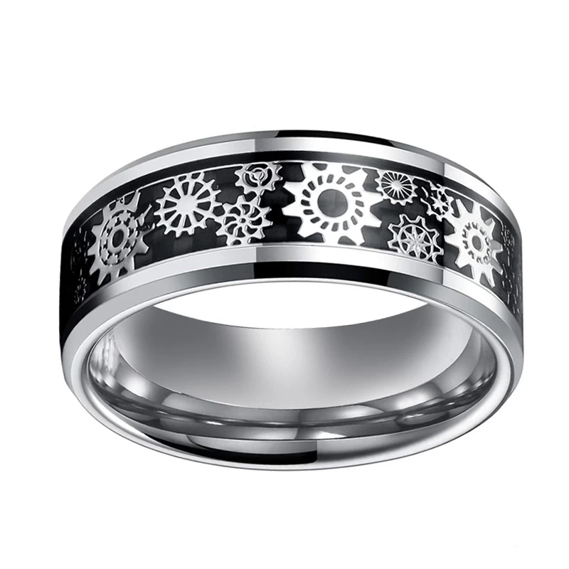 Bagues de mariée en gros pour hommes Bague en carbure de tungstène avec équipement mécanique et inlay de fibre de carbone noir Fabricant