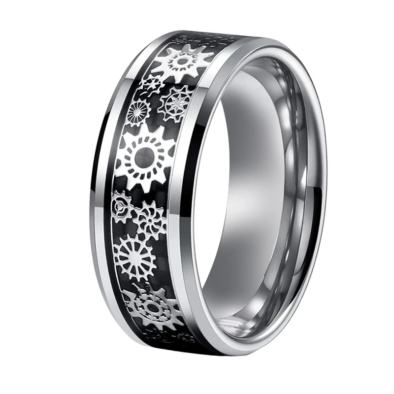 Bagues de mariée en gros pour hommes Bague en carbure de tungstène avec équipement mécanique et inlay de fibre de carbone noir Fabricant