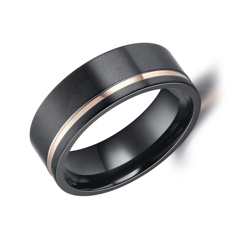 Popular Black Zirconium Wedding Bands 8mm Flat Matte Brushed Two Toned Rose Gold Black Zirconium Ring China Supplier