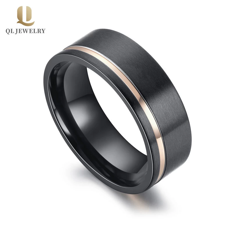 Popular Black Zirconium Wedding Bands 8mm Flat Matte Brushed Two Toned Rose Gold Black Zirconium Ring China Supplier