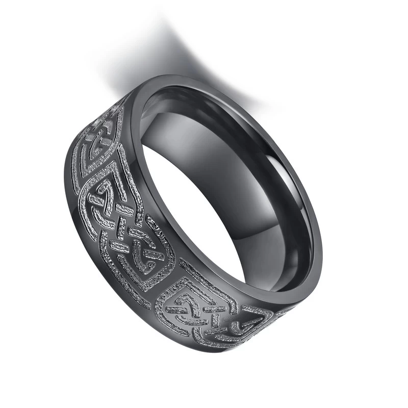 Beliebte Herren Schwarz Zirkonium Hochzeitsbänder 8mm Flache Keltische Knoten Design Schwarz Zirkonium Ring für Männer China Hersteller