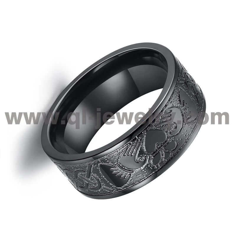 Unquie 8mm Flat Mens Wedding Bands Black Zirconium Claddagh & Celtic Knot Wedding Ring with Sandblasted BackGround China Supplier