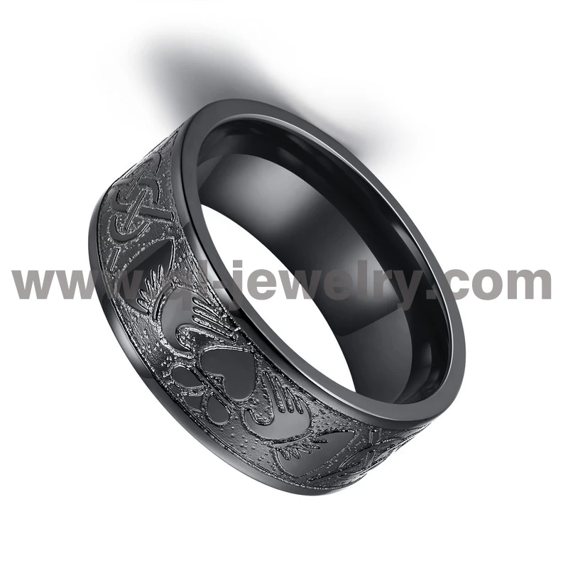 Unquie 8mm Flat Mens Wedding Bands Black Zirconium Claddagh & Celtic Knot Wedding Ring with Sandblasted BackGround China Supplier