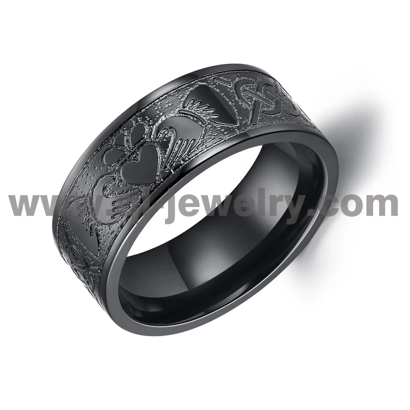 Unquie 8mm Flat Mens Wedding Bands Black Zirconium Claddagh & Celtic Knot Wedding Ring with Sandblasted BackGround China Supplier
