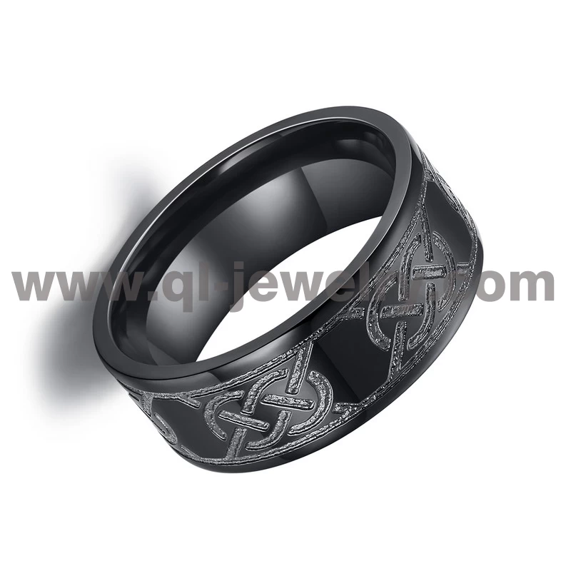 Hotsale Herren Black Zirkonium-Hochzeitsbänder 8mm flach keltischer Knoten Design Schwarzer Zirkonium Ring für Männer China Hersteller
