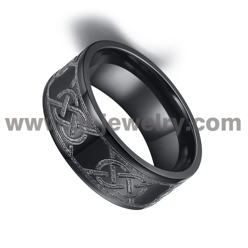 Hotsale Herren Black Zirkonium-Hochzeitsbänder 8mm flach keltischer Knoten Design Schwarzer Zirkonium Ring für Männer China Hersteller