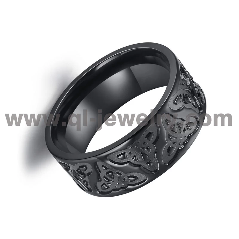 Einzigartige herren schwarz zirkonium hochzeitsbänder 8mm flach gefräst keltische knoten design hochzeitsbänder schwarz zirkonium ring für männer china hersteller