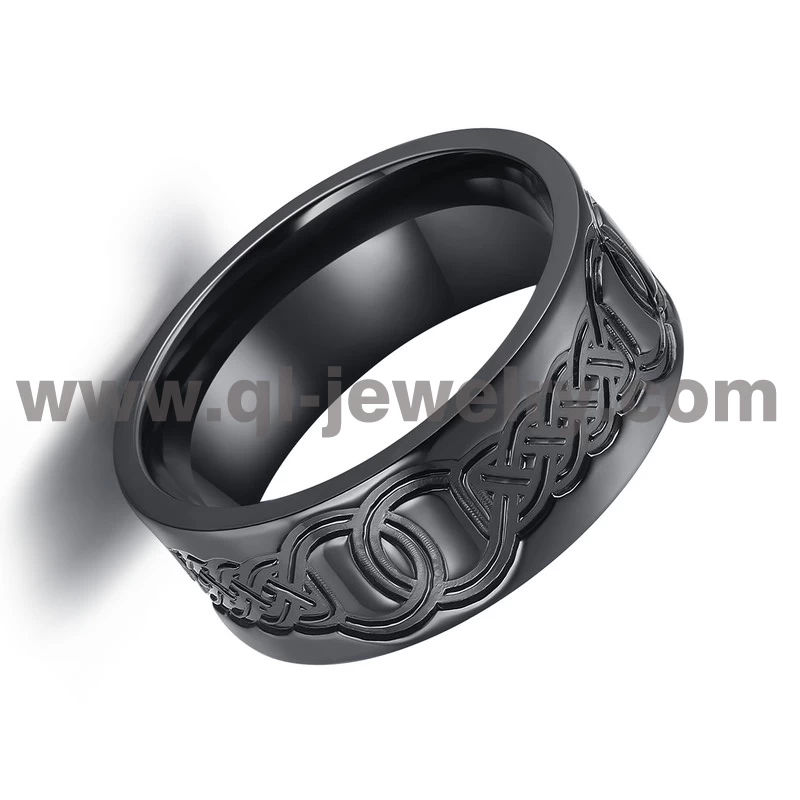 Einzigartige Herren Black Zirkonium-Hochzeitsbänder 8mm flach gemahlener keltischer Knoten Design Schwarz Zirkonium Ring für Männer China Hersteller