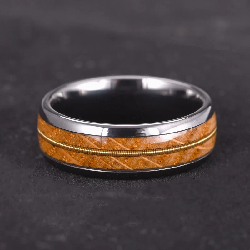 Amazing 8mm Guitar String Ring Whisky Barrel Wood and Guitar String Inlay Domed Black Tungsten Wedding Bands China Manufacturer - COPY - ad2bo5