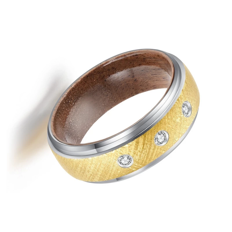 Amazing 8mm Wire Brushed Gold Tungsten Carbide Ring with Wood Inner Band and 3 CZ Stone Inlay China Manufacturer
