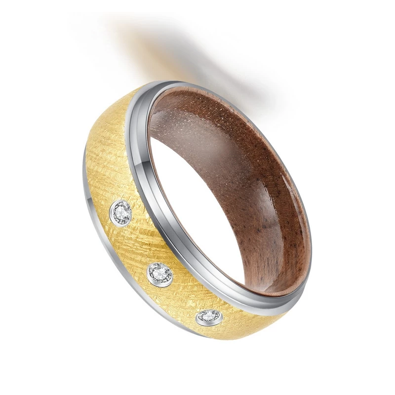 Amazing 8mm Wire Brushed Gold Tungsten Carbide Ring with Wood Inner Band and 3 CZ Stone Inlay China Manufacturer