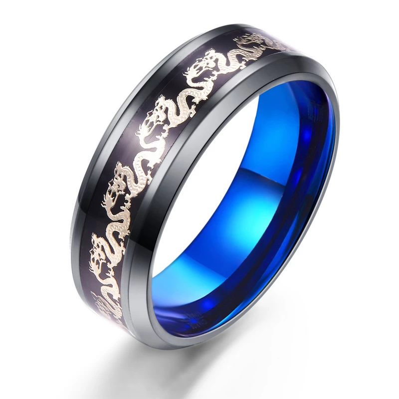 Incredibili band da cerimonia nuziale di due uomini tunginati con anello di carburo di tungsteno nero e blu con argento cinese drago e nero in fibra di carbonio in fibra di carbonio Inlay Cina produttore