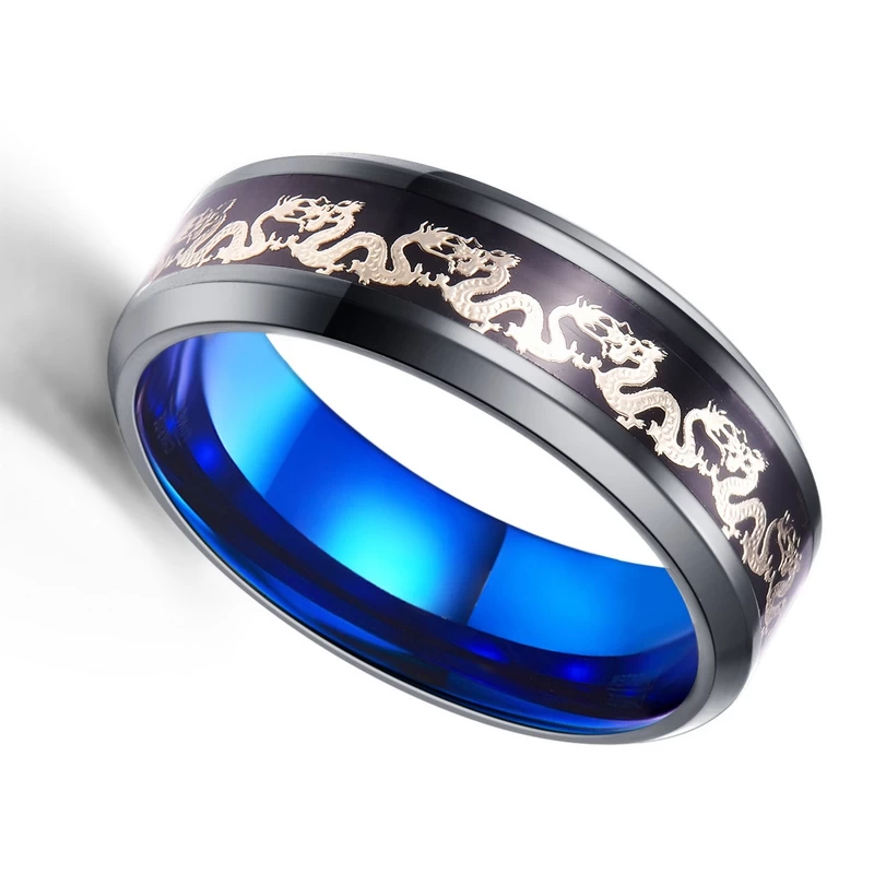 Incredibili band da cerimonia nuziale di due uomini tunginati con anello di carburo di tungsteno nero e blu con argento cinese drago e nero in fibra di carbonio in fibra di carbonio Inlay Cina produttore