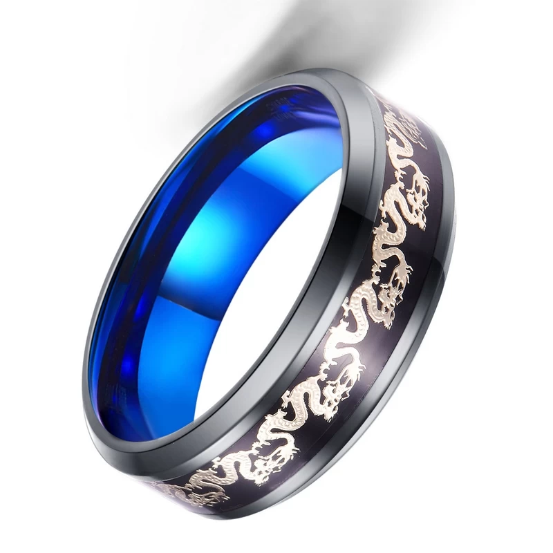 Incredibili band da cerimonia nuziale di due uomini tunginati con anello di carburo di tungsteno nero e blu con argento cinese drago e nero in fibra di carbonio in fibra di carbonio Inlay Cina produttore