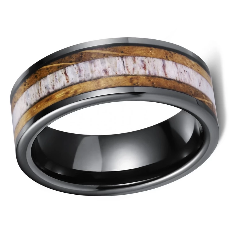 Bagues de mariage de tungstène de 8mm de 8mm de 8mm Bague en carbure de tungstène noir avec baril de whisky bois et antler Inlay Fabricant