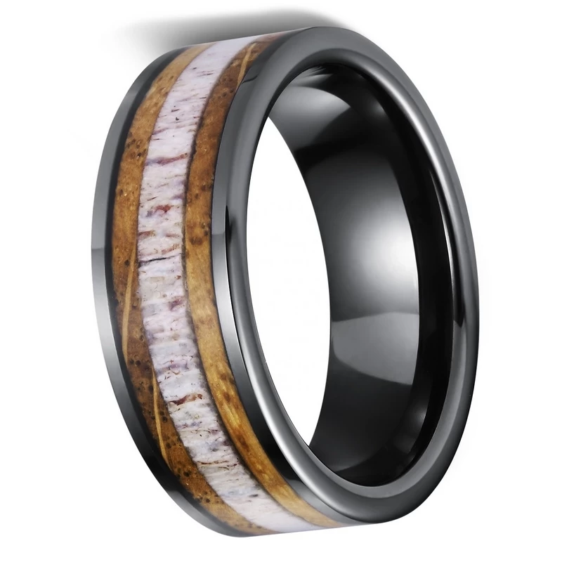 Bagues de mariage de tungstène de 8mm de 8mm de 8mm Bague en carbure de tungstène noir avec baril de whisky bois et antler Inlay Fabricant