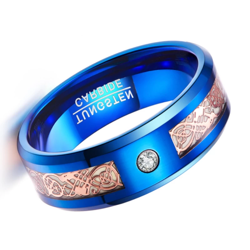 Hotsale Herren Ehering Bands Blauer Wolframkarbidring mit leuchtendem Roségold Celtic Dragon Inlay und 1 weißer CZ-Stein China-Hersteller