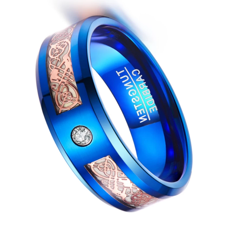 Hotsale Herren Ehering Bands Blauer Wolframkarbidring mit leuchtendem Roségold Celtic Dragon Inlay und 1 weißer CZ-Stein China-Hersteller